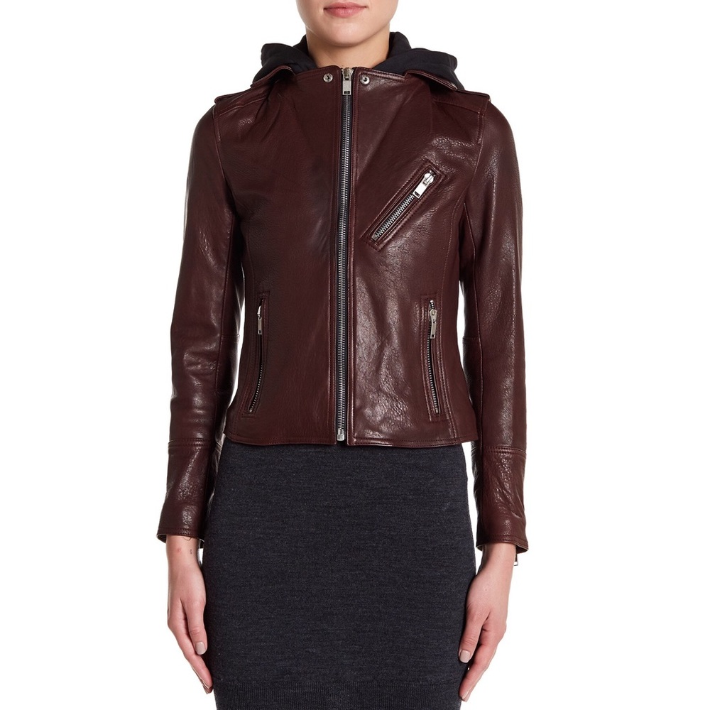 Doma Smooth Texture Hooded Crop Leather Jacket